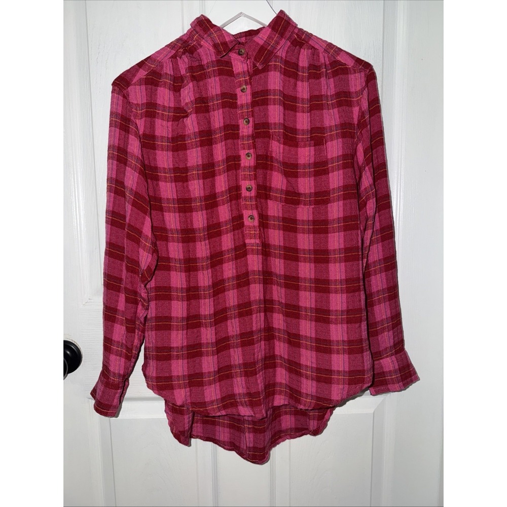 Anthropologie Isadora Pinkβ Plaid Flannel Top Sz XS Boho Long Sleeve Button
